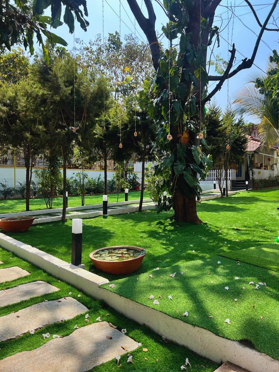 Tree-shaded lawn seating at Earthen Courtyard